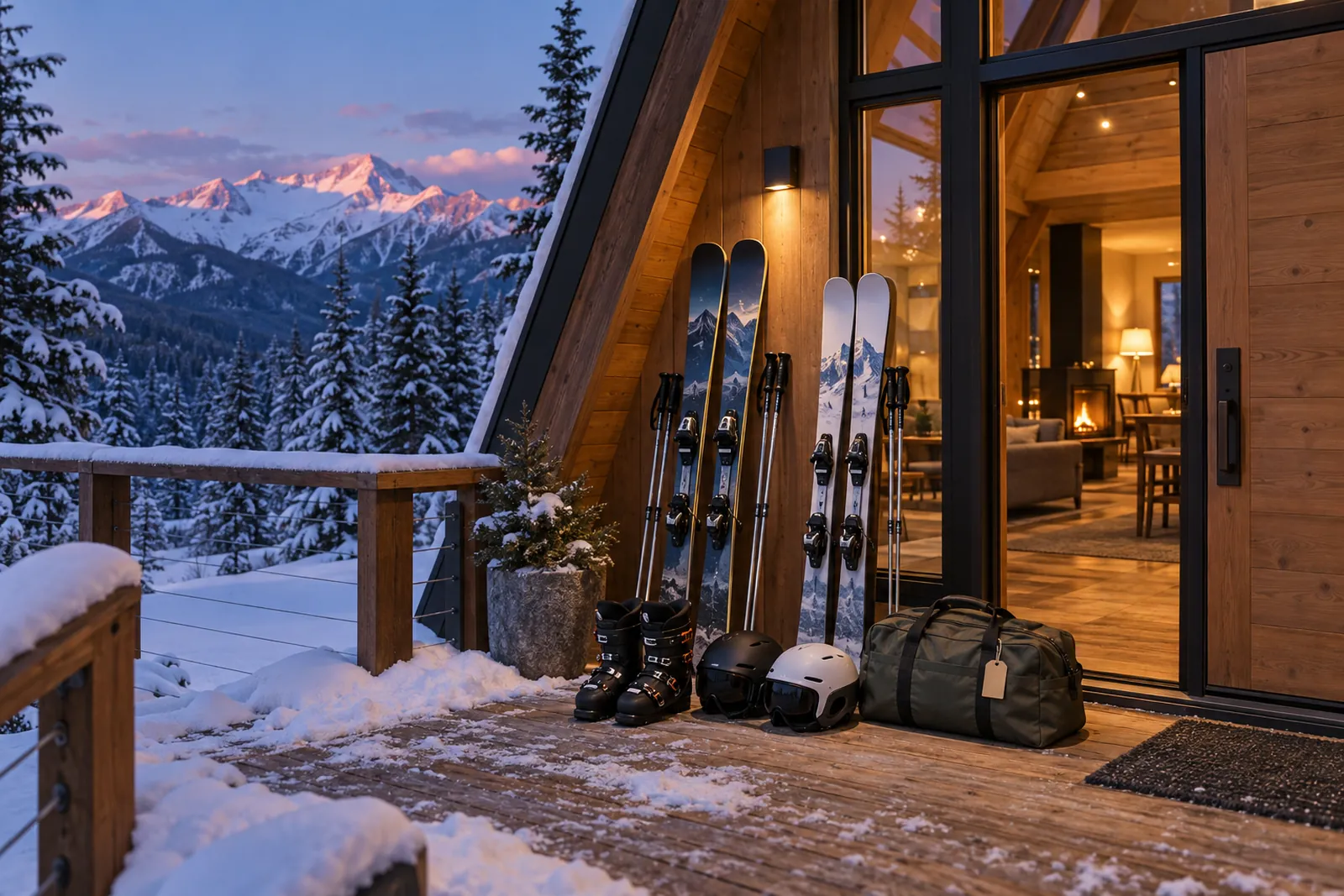 Skis, boots, helmets and a tagged duffel waiting by the door of an A-frame cabin porch at blue hour