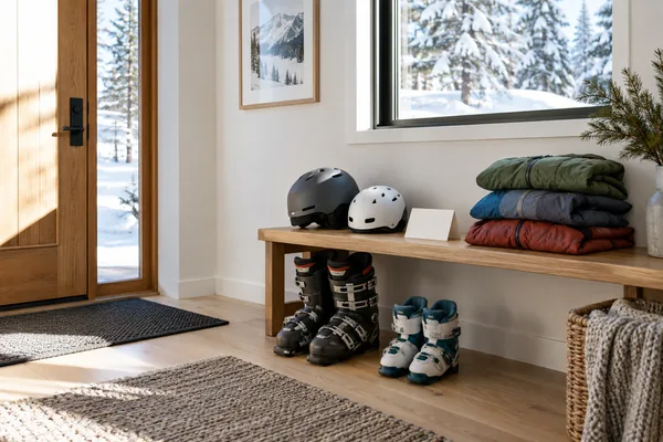 A rental entryway stocked with helmets, ski boots and jackets on a bench by the door
