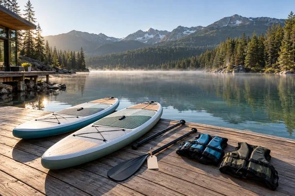 Two paddleboards, paddles and life vests waiting on a lake dock at sunrise