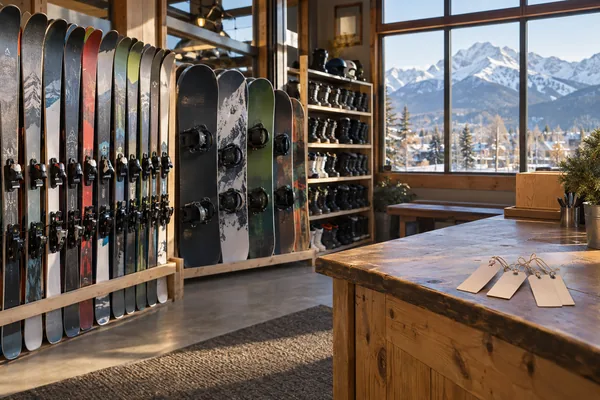 A mountain rental shop with racks of skis and snowboards and paper tags on the counter
