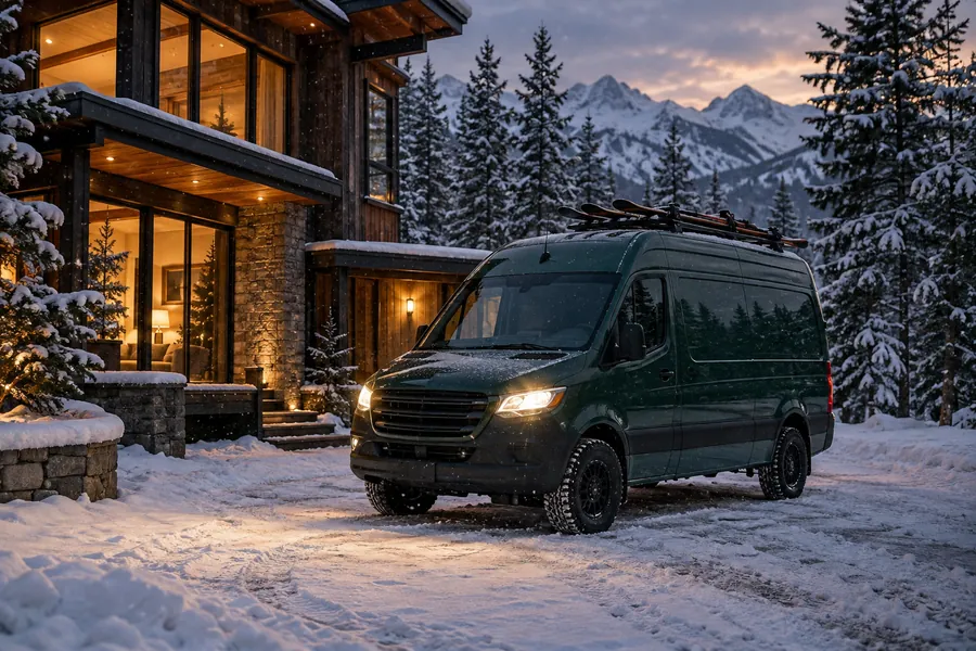 A dark green delivery van parked outside a snowy mountain lodge at dusk
